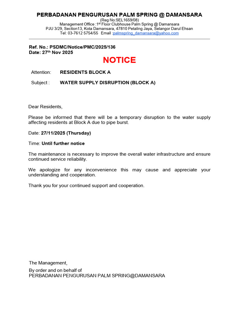 Water Supply Disruption Notice for Block A | PDF