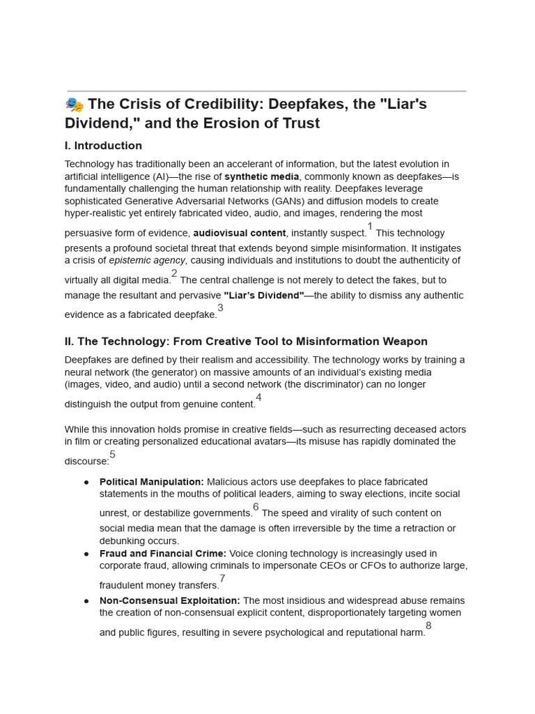 The Crisis of Credibility Deepfakes, The Liar's Dividend, and The