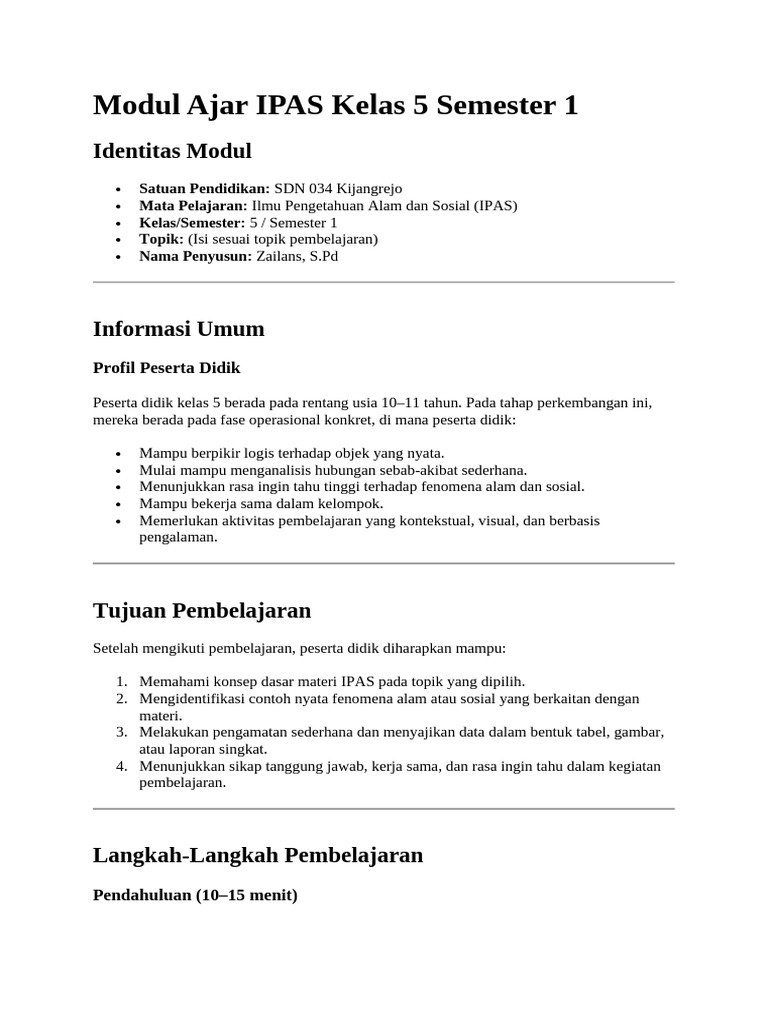 Modul Ajar IPAS Kelas 5 Semester 1 | PDF