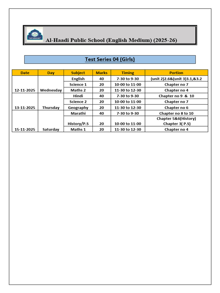 Al-Haadi School Test Series Schedule 2025 | PDF