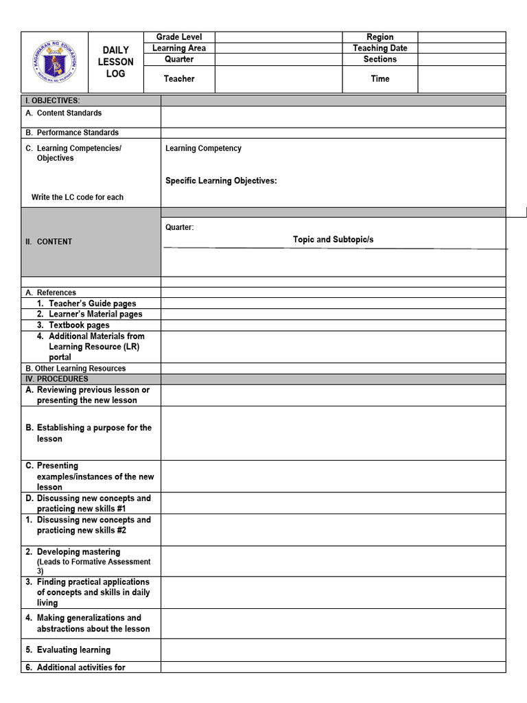 Daily Lesson Log Template for Teachers | PDF