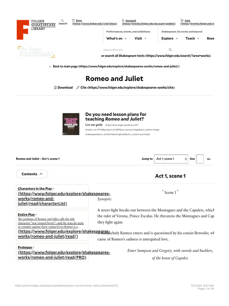Romeo and Juliet Act 1 Scene 1 Summary | PDF | Characters In Romeo And ...