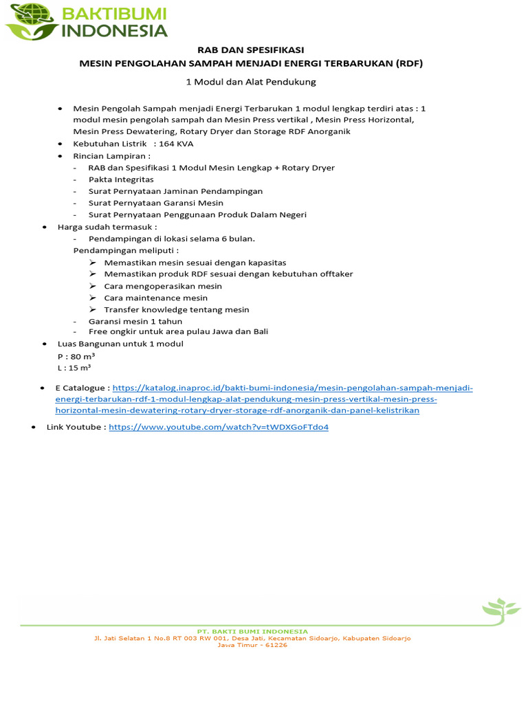 RAB Mesin Pengolahan Sampah RDF 1 Modul | PDF