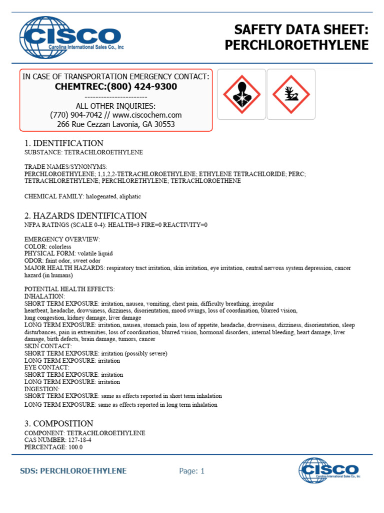 Safety Data Sheet for Perchloroethylene | PDF