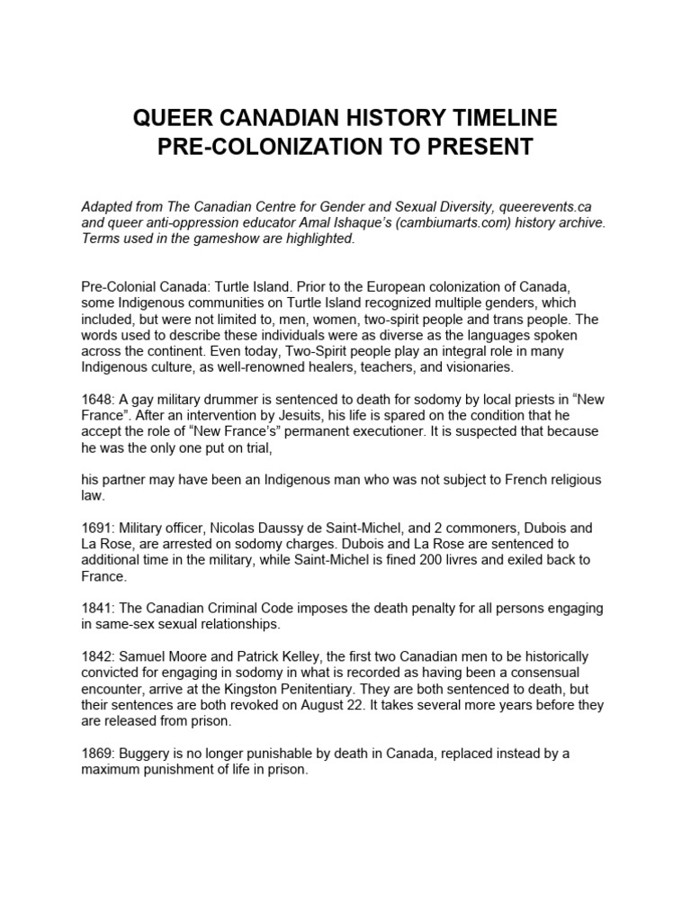 Queer Canadian History Timeline: Pre-Colonization to Present | PDF ...