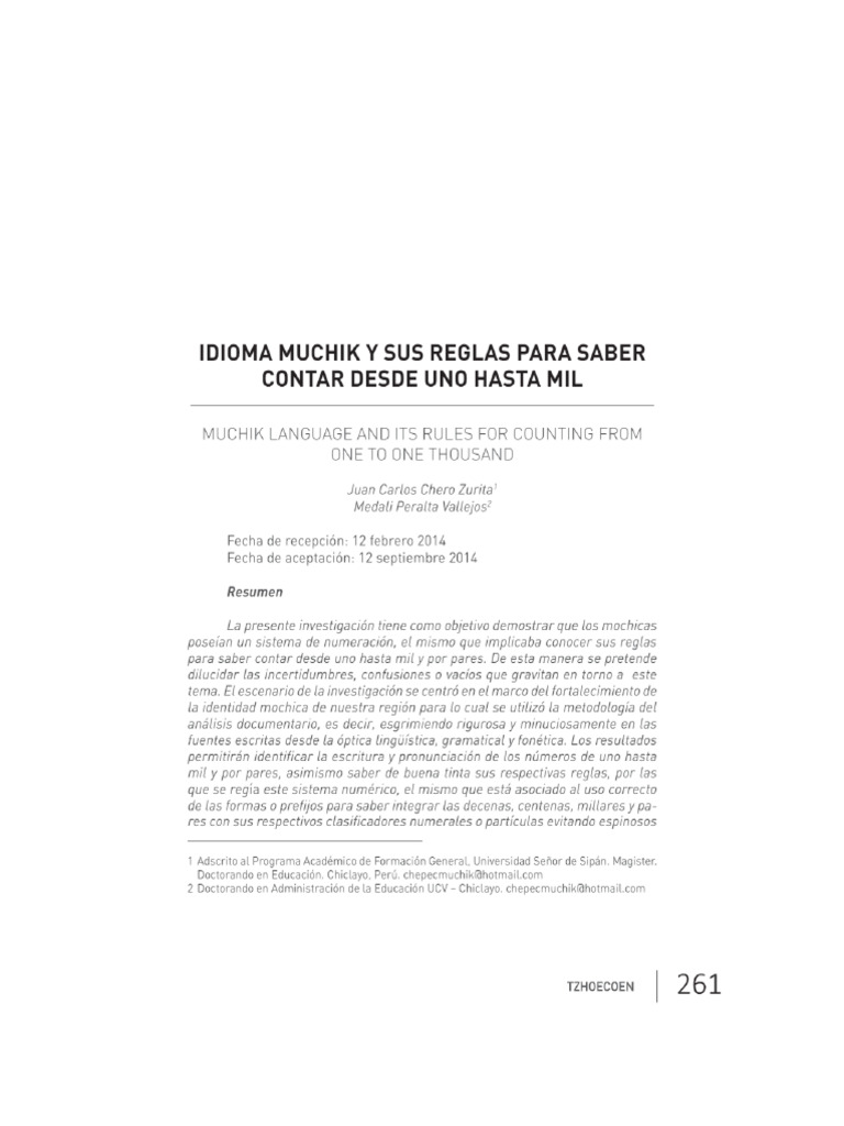 Vista de Idioma Muchik y Sus Reglas para Saber Contar Desde Uno Hasta ...
