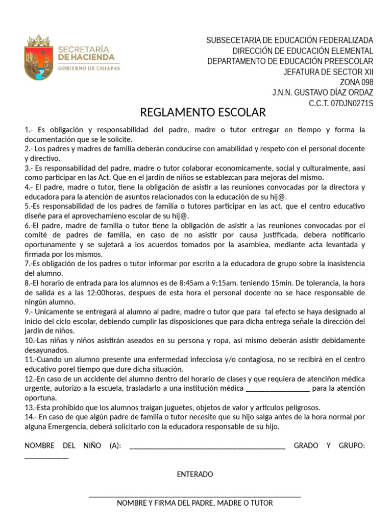 Reglamento Escolar para Padres de Familia | PDF | Educación de la ...
