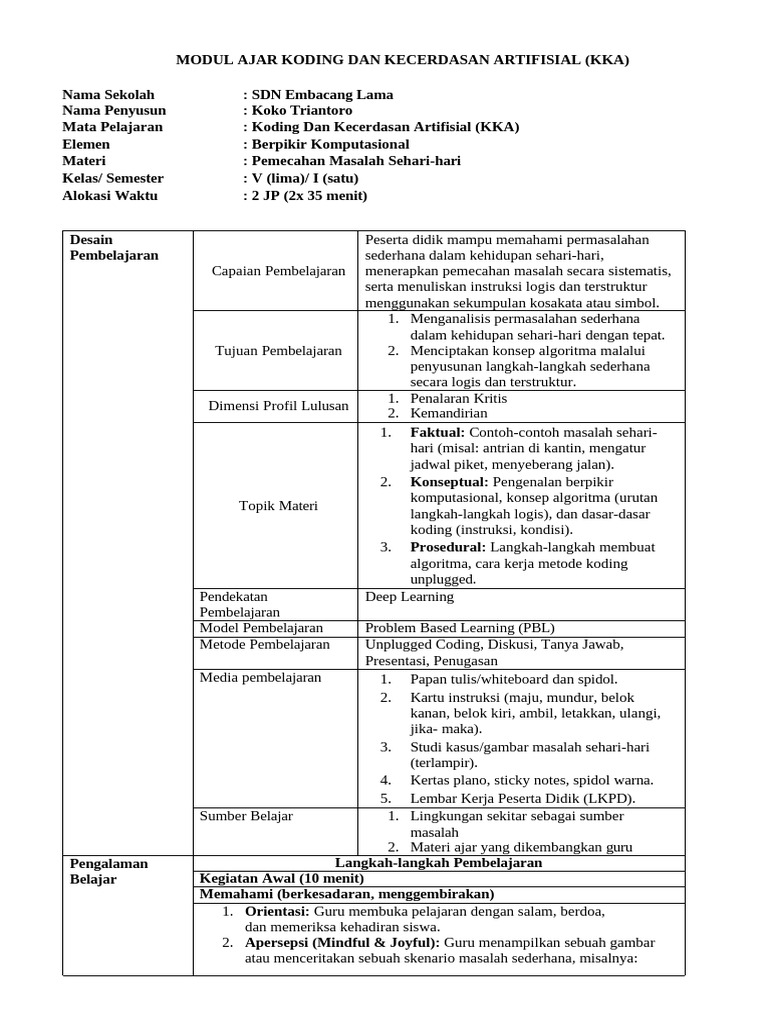 RPP Modul Ajar Koding Dan Kecerdasan Artifisial (KKA) | PDF