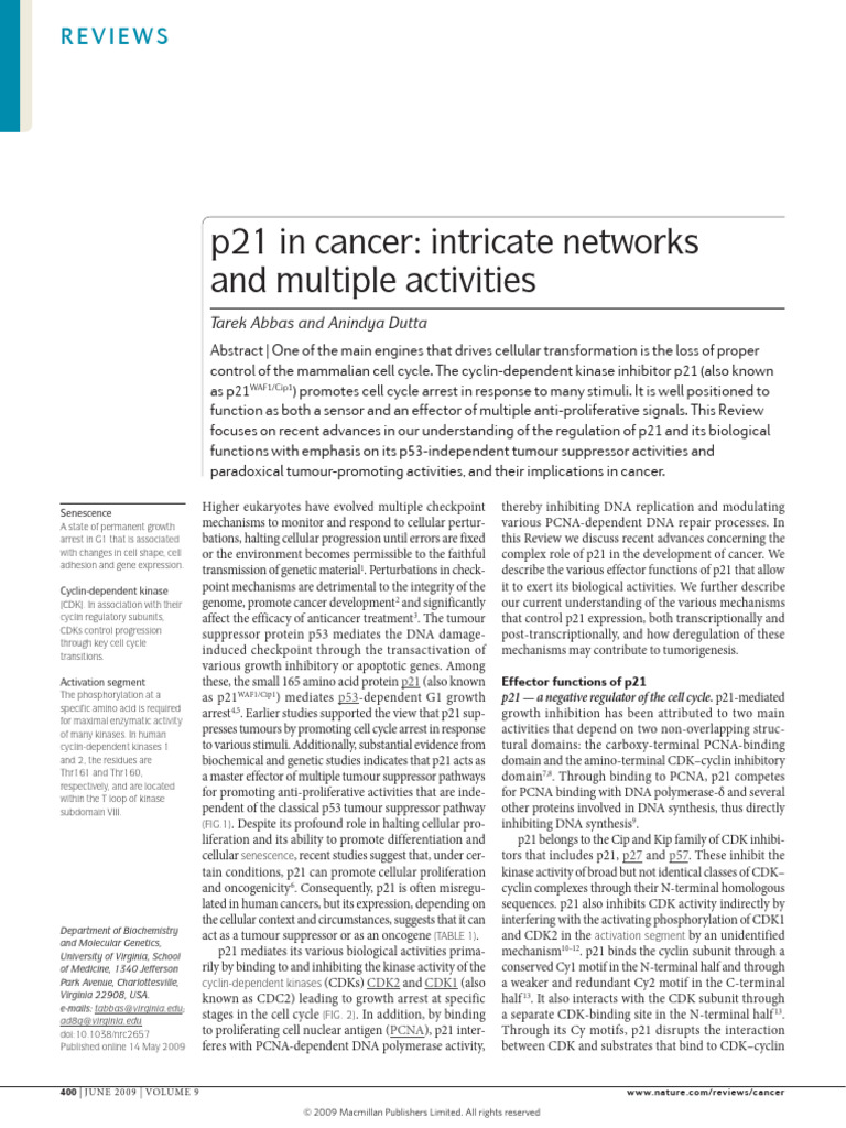 Abbas-2009-P21 in Cancer - Intricate Networks A | PDF | Dna Repair ...