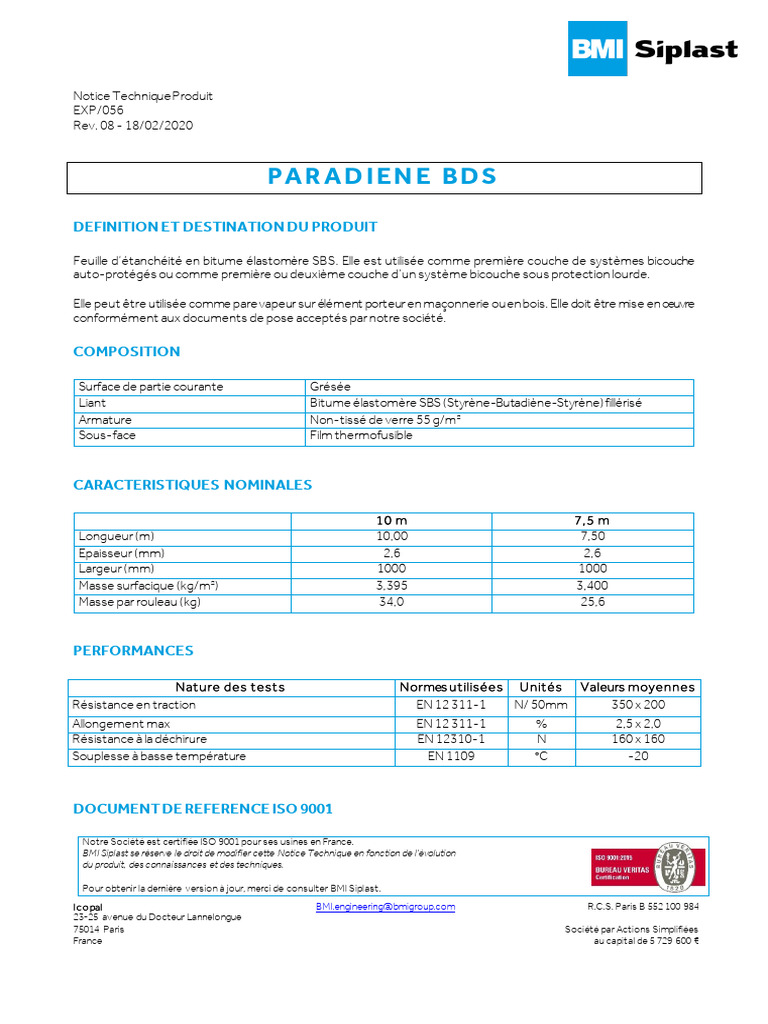 Fiche Technique : Feuille d'Étanchéité PARADIENE BDS | PDF