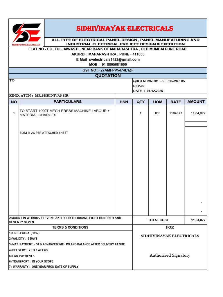 Quotation for Electrical Panel Services | PDF