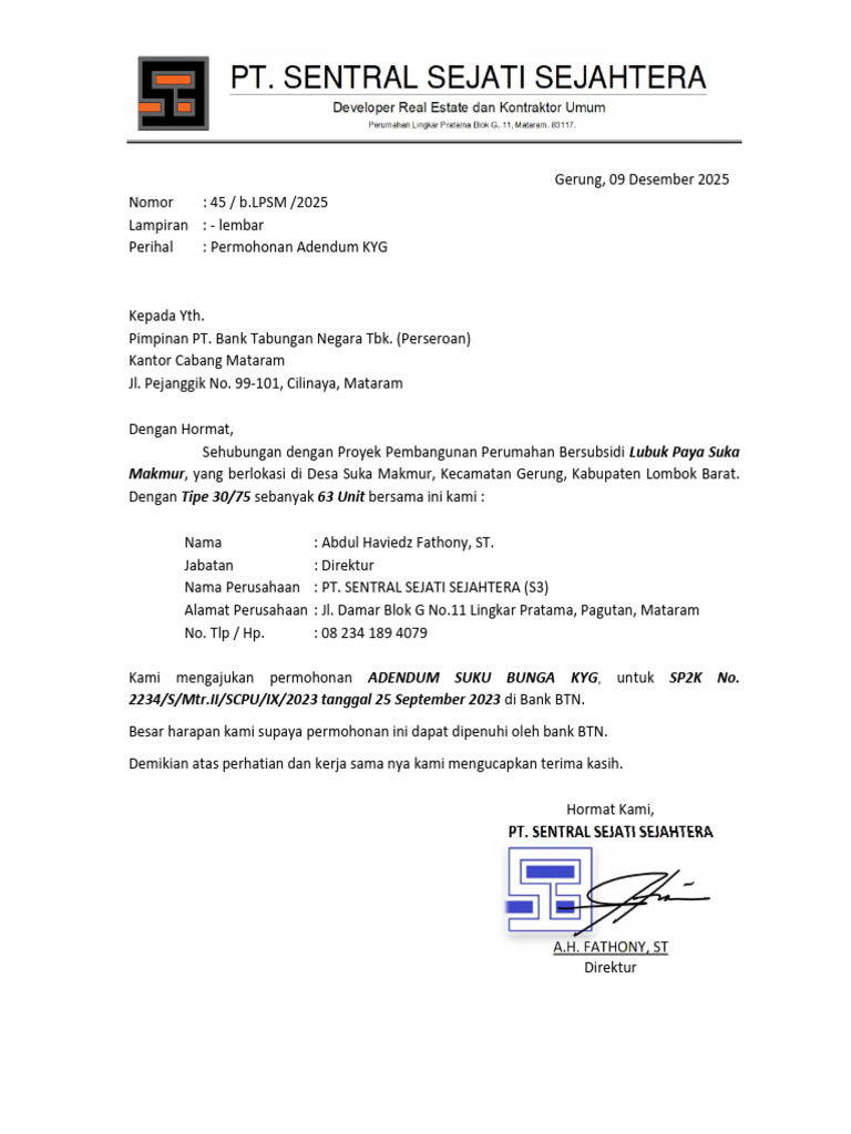Permohonan Adendum Suku Bunga KYG BTN | PDF
