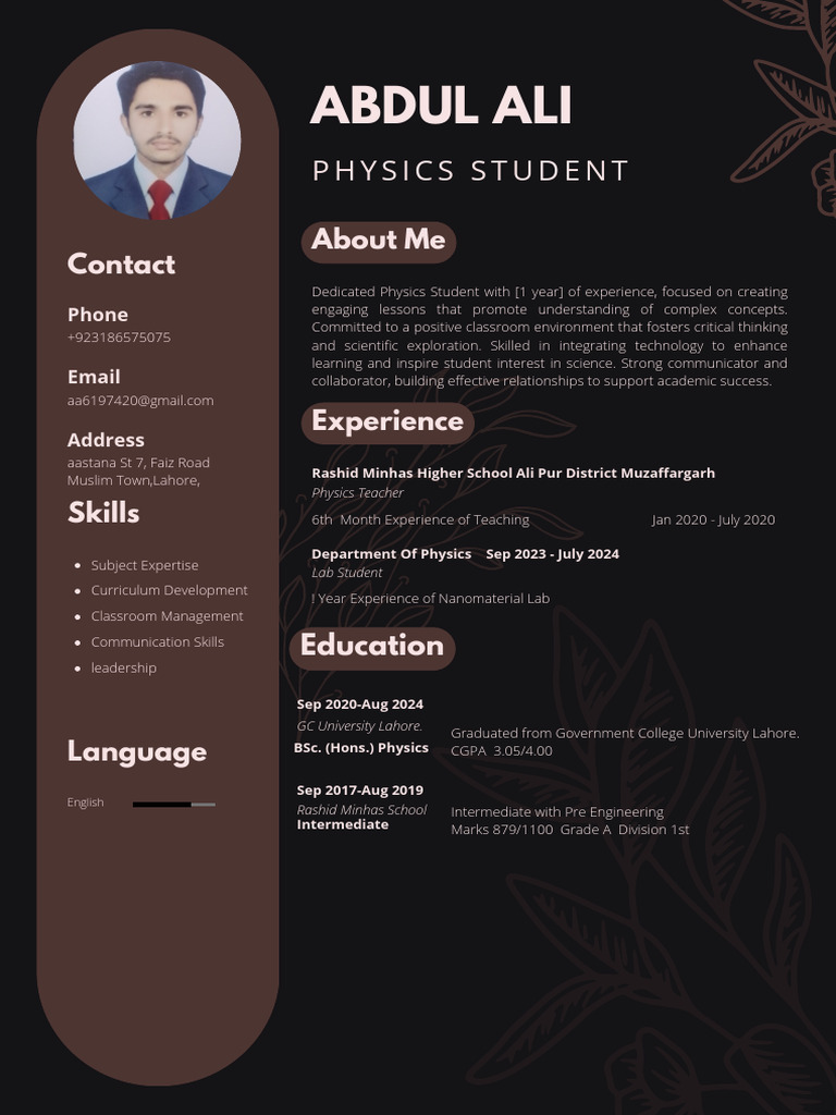 Physics Student Resume and Skills | PDF