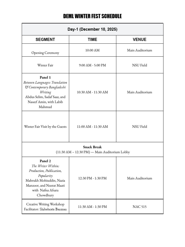 DEML Winter Fest Schedule Final | PDF