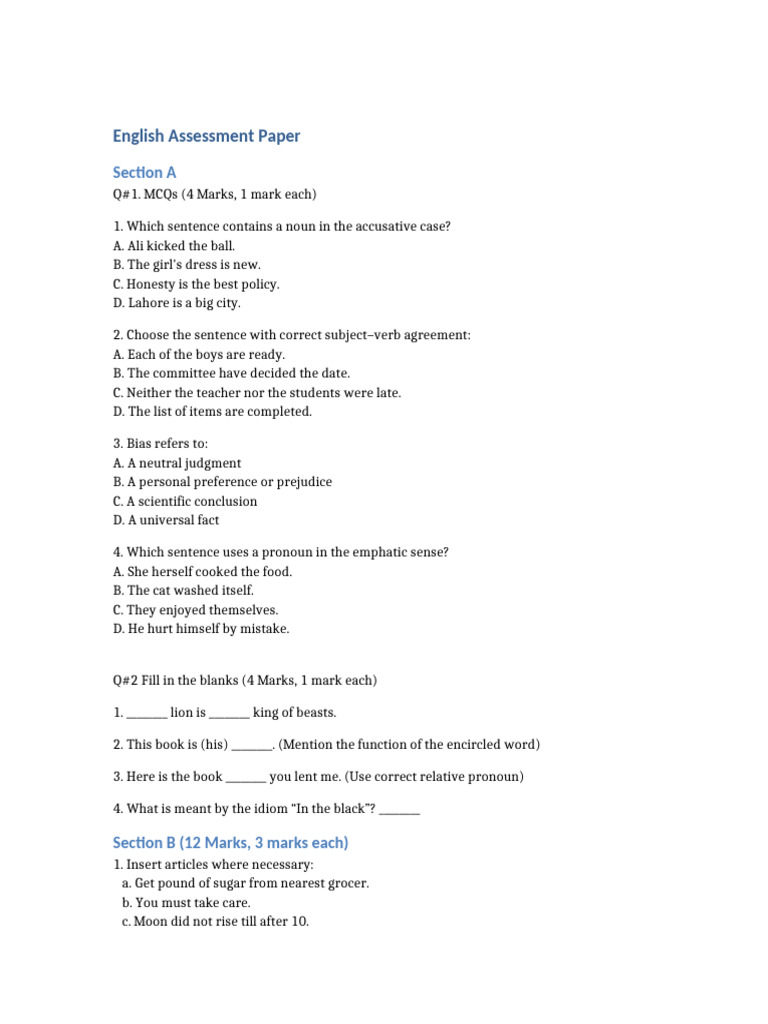 English Assessment Paper Overview | PDF