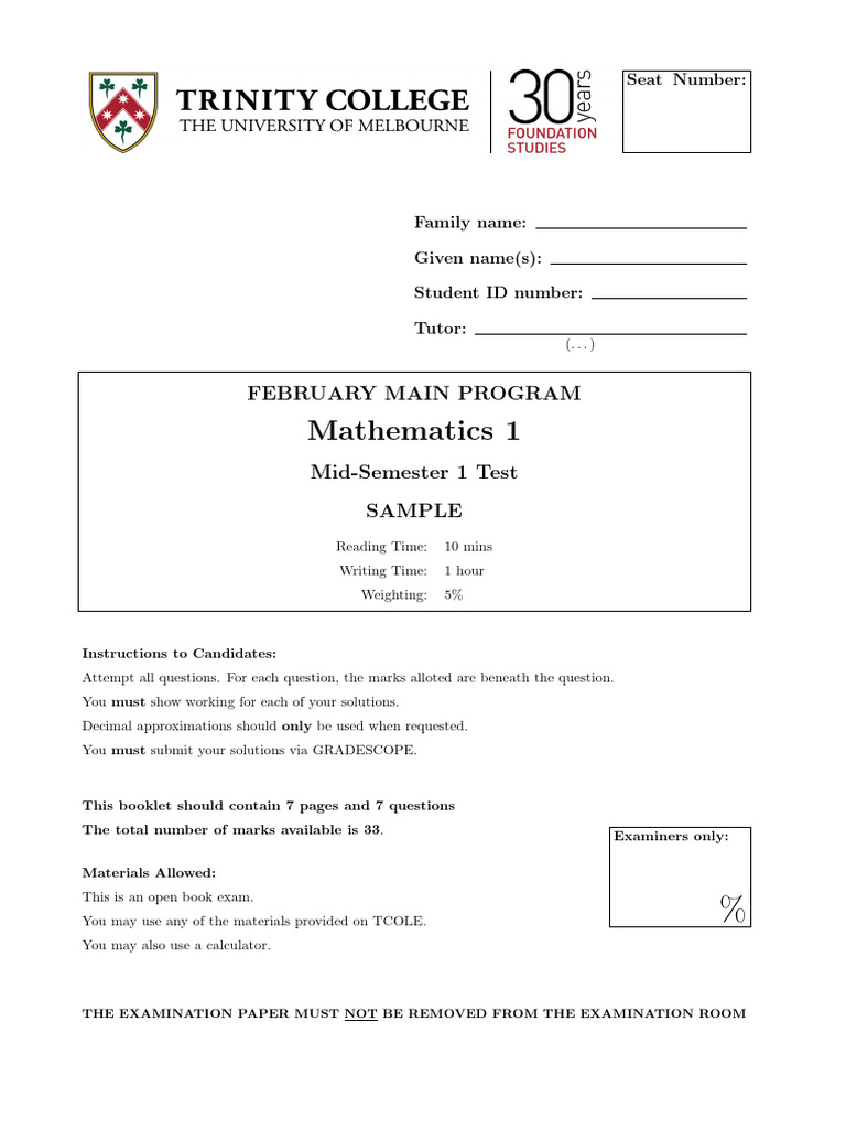 Sample Mid Sem 1 Test | PDF | Mathematical Objects | Mathematical Analysis