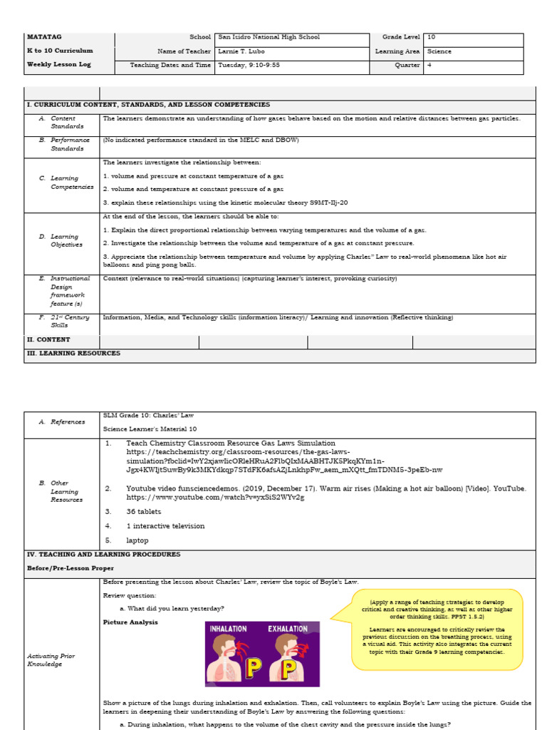 Grade 10 Science: Charles' Law Lesson Plan | PDF | Gases | Learning