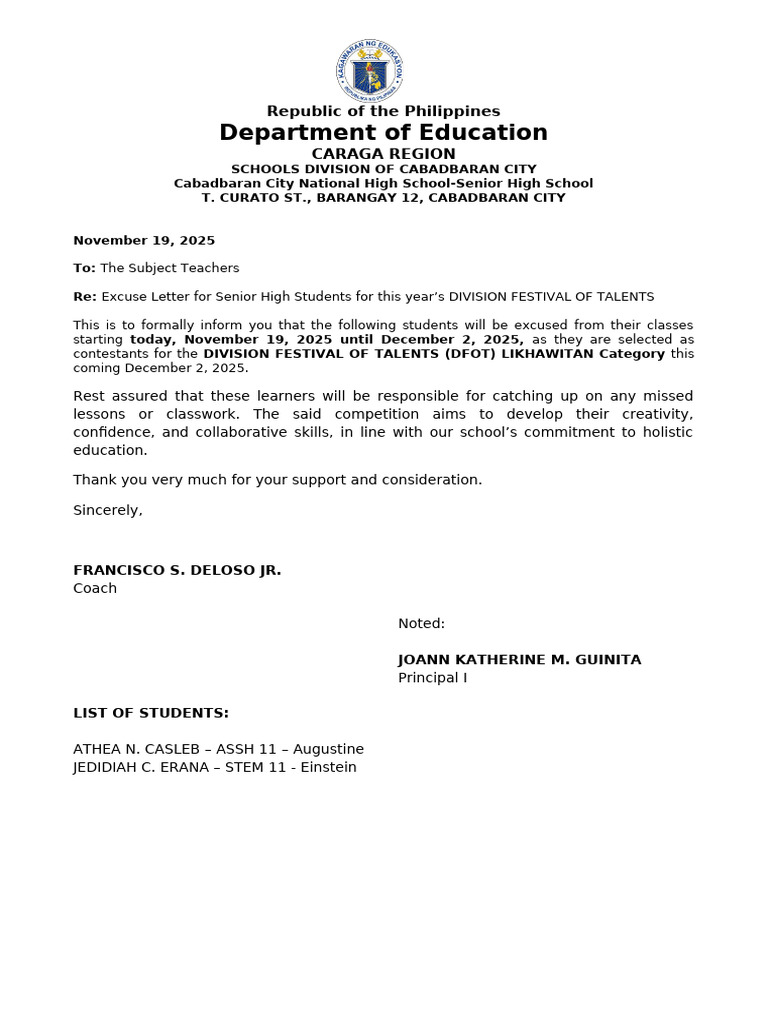 Excuse Letter for DFOT Participants | PDF