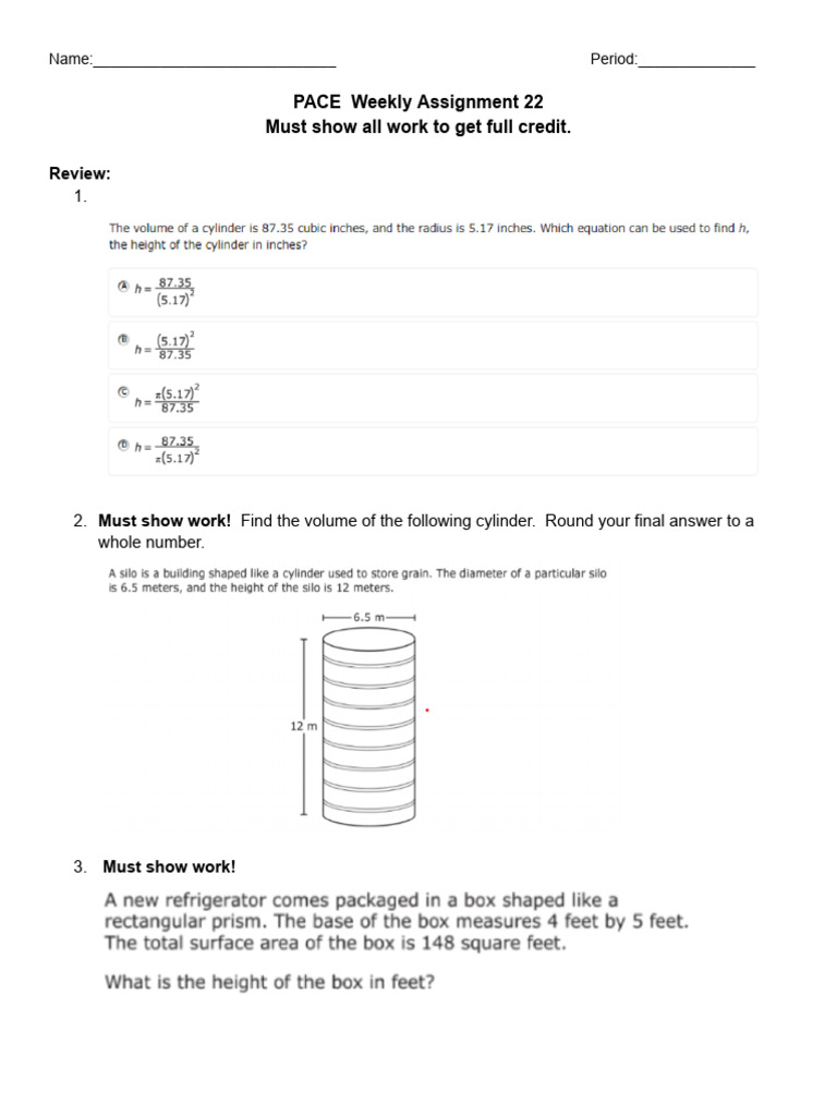 PACE Weekly Assignment 22 - Google Docs | PDF | Volume | Geometric Objects