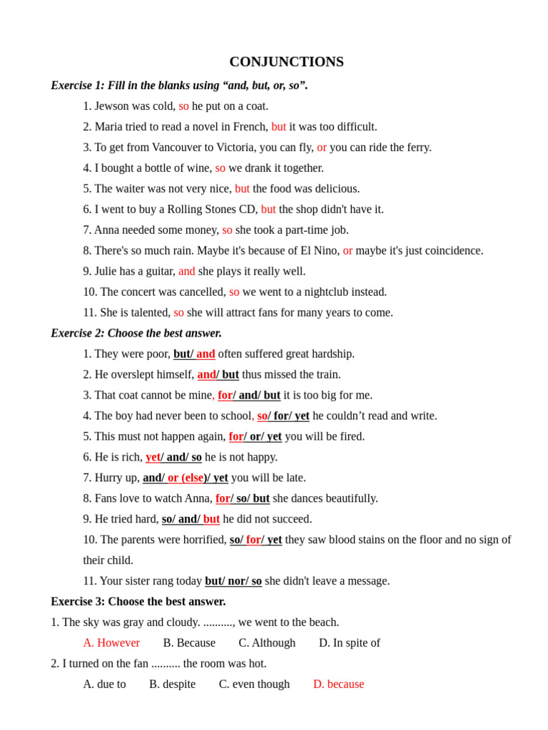 Conjunctions Practice Exercises | PDF
