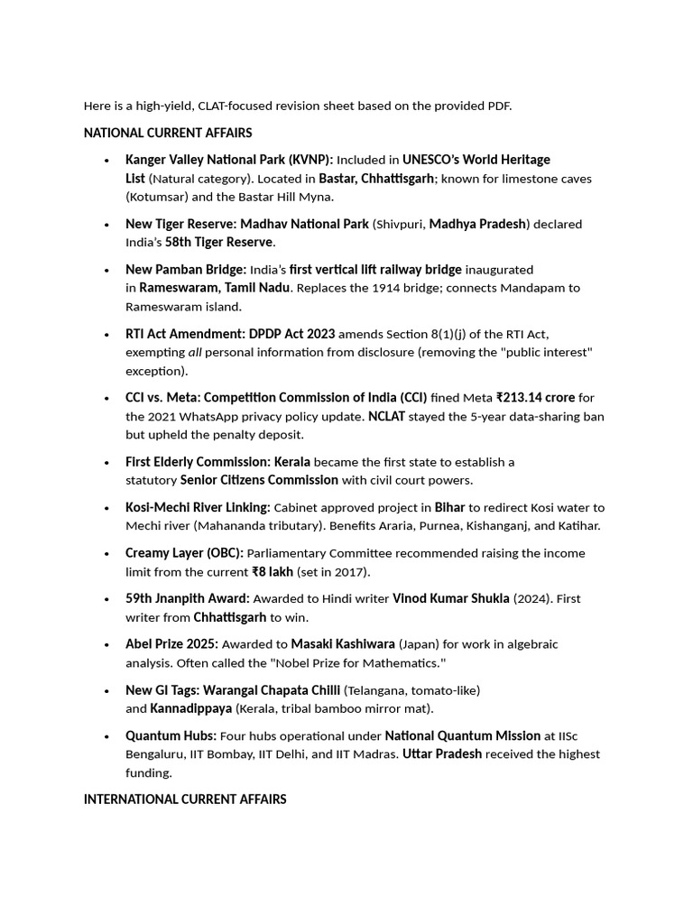 CLAT Revision: Current Affairs 2025 | PDF