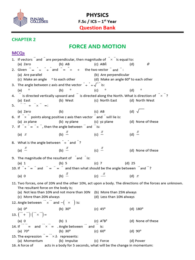Force and Motion MCQs for Physics 1st Year | PDF | Collision | Projectiles