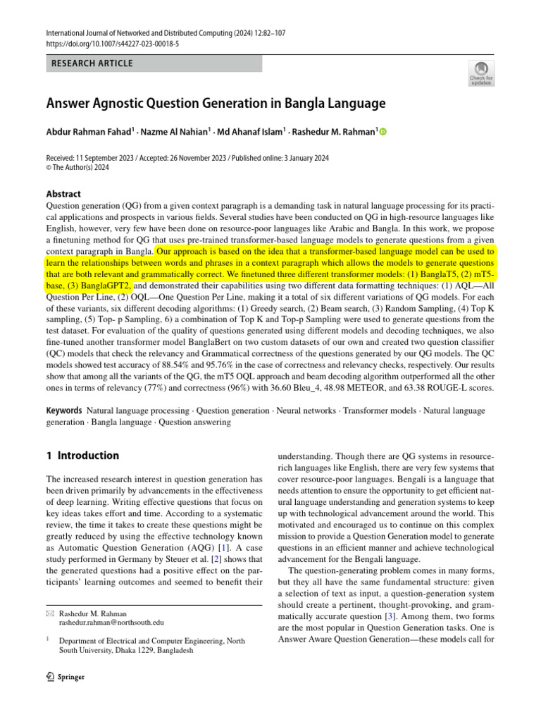 Bangla Language Question Generation Models | PDF | Machine Learning ...