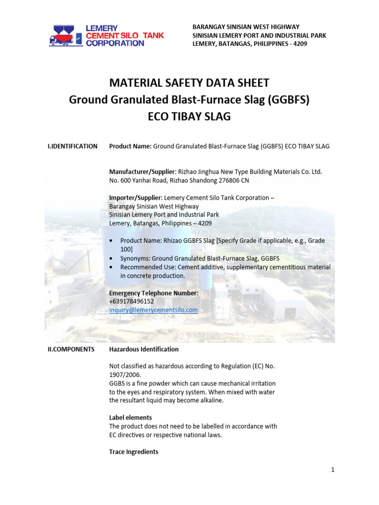 GGBFS Material Safety Data Sheet | PDF | Cement