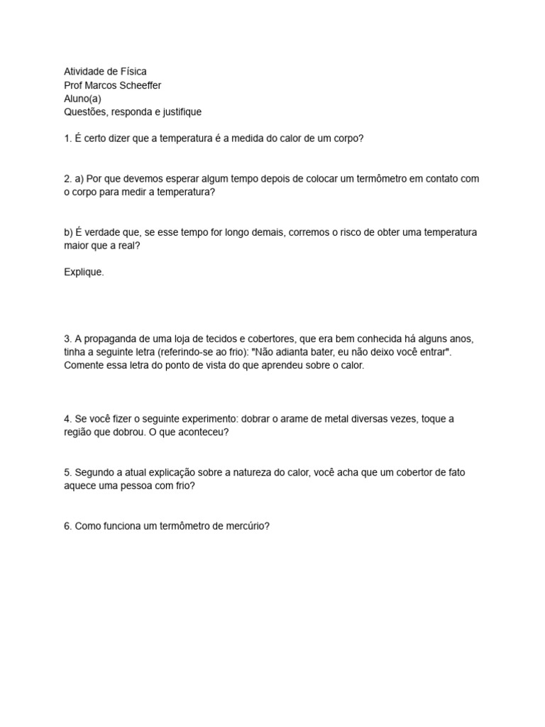 Atividade de Temperatura e Calor | PDF