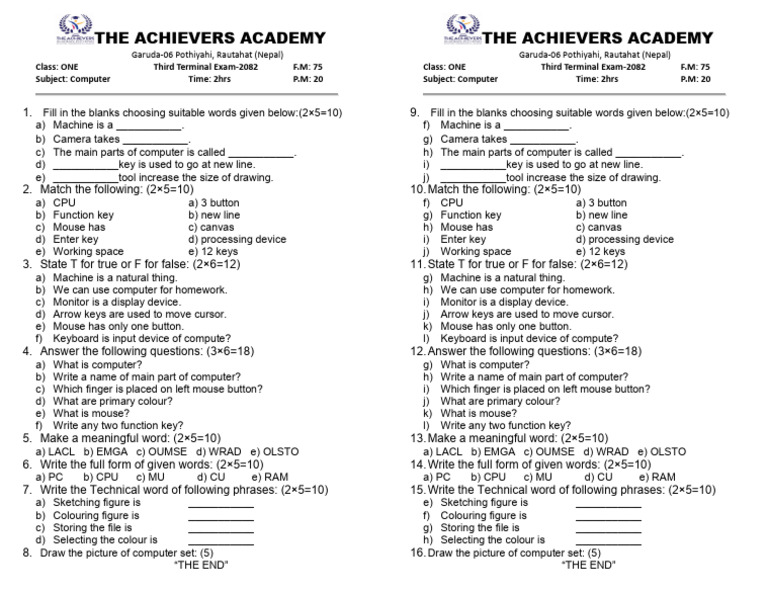 Class One Computer Exam Questions | PDF | Cursor (User Interface ...