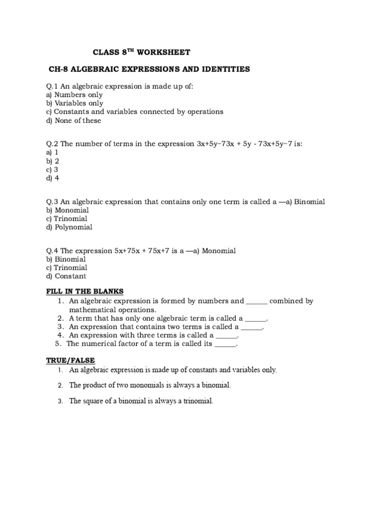 Class 8 Algebraic Expressions Worksheet | PDF