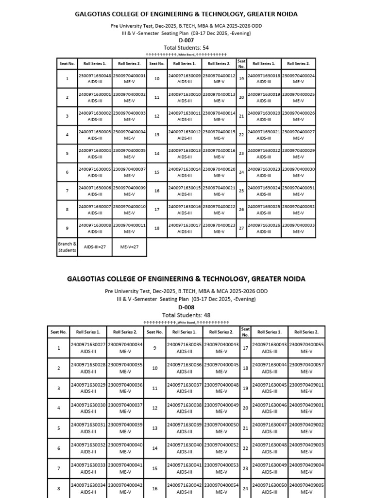 Seating Plan for Dec 2025 Exams | PDF