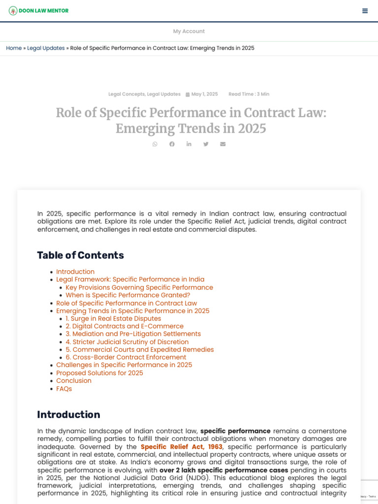 Specific Performance in Indian Contract Law 2025 | PDF | Specific ...