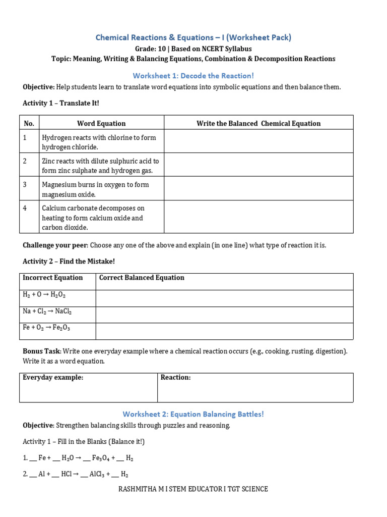 Grade 10 Chemical Reactions Worksheet | PDF | Oxide | Chemical Reactions