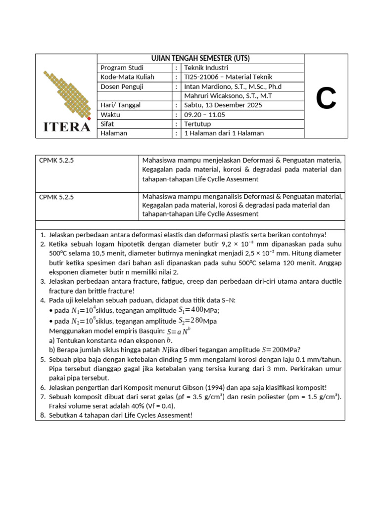 UTS Material Teknik: Deformasi & Kegagalan | PDF