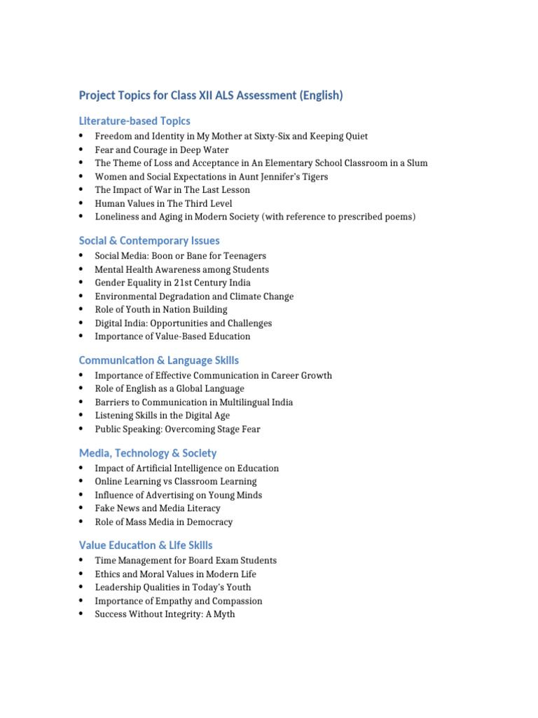 Class XII ALS Assessment Project Topics | PDF