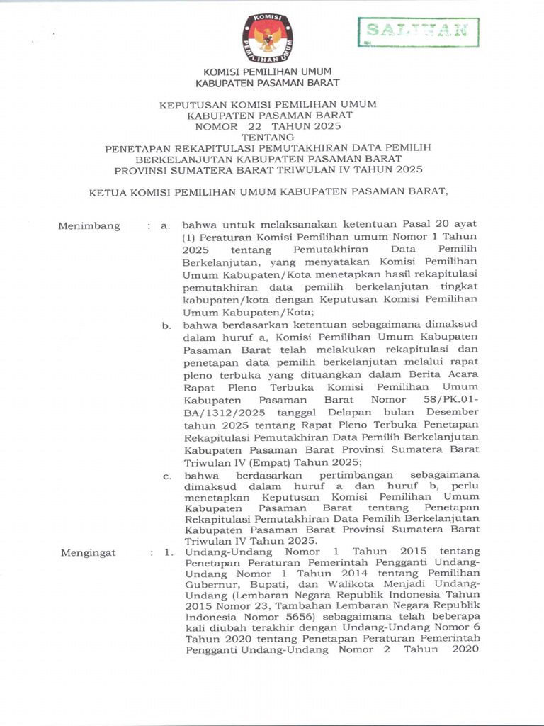Keputusan Kpu Penetapan Rekapitulasi PDPB Triwulan IV Tahun 2025 | PDF