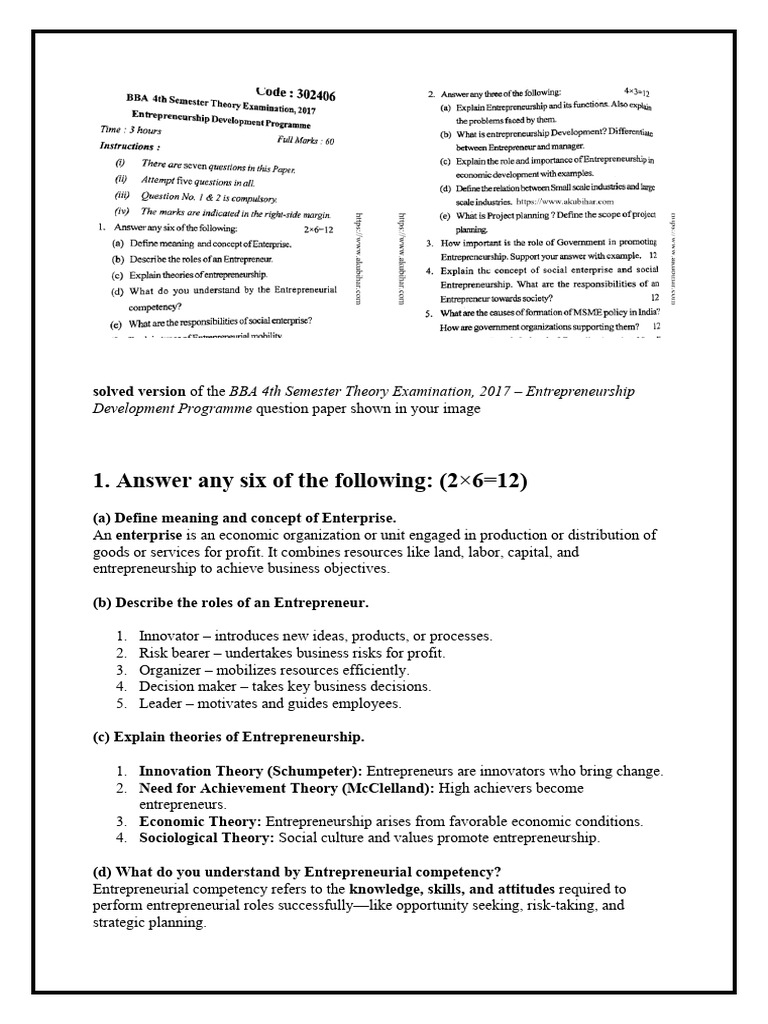 BBA 4th Sem Entrepreneurship Exam Solutions | PDF | Entrepreneurship ...