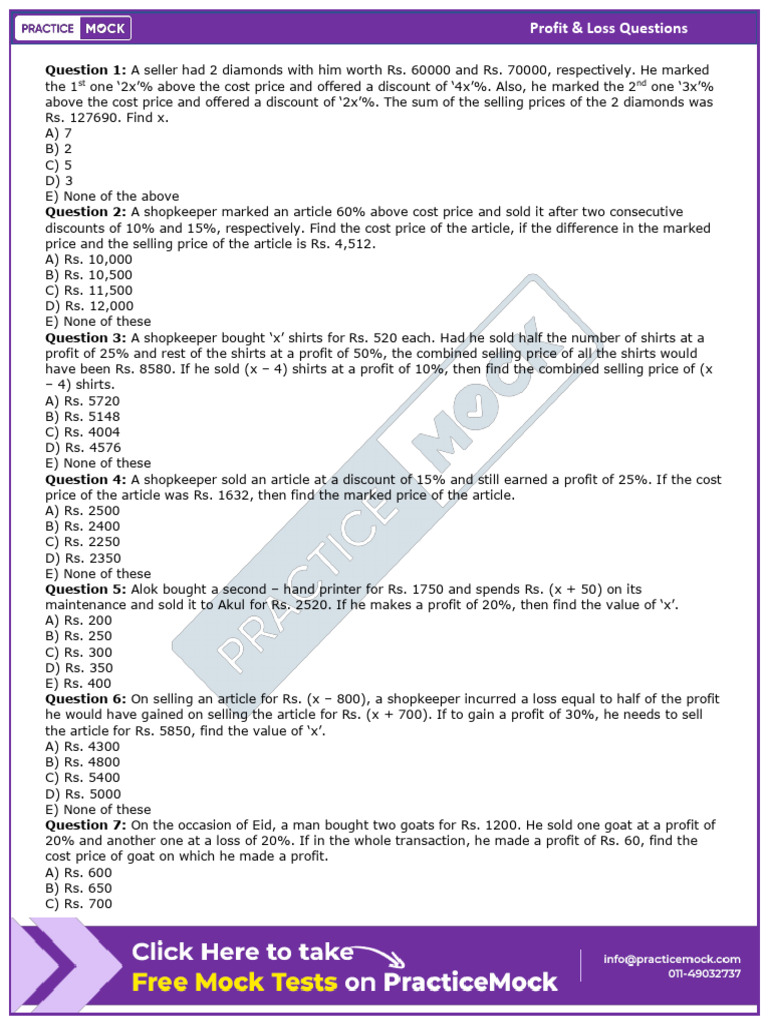 Profit and Loss Math Problems | PDF