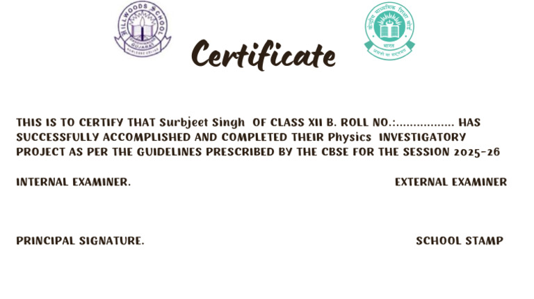 CBSE Physics Project Completion Certificate | PDF