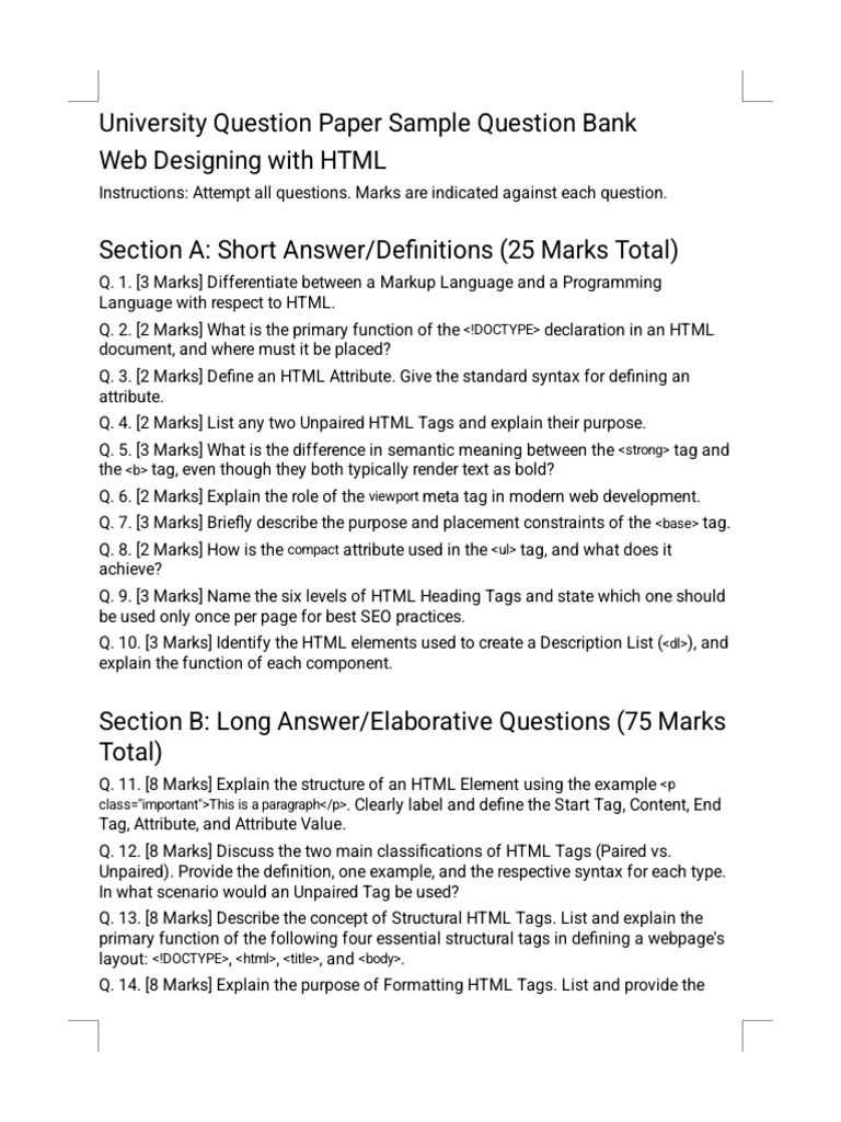 HTML & CSS Question Paper Sample | PDF | Html Element | Html
