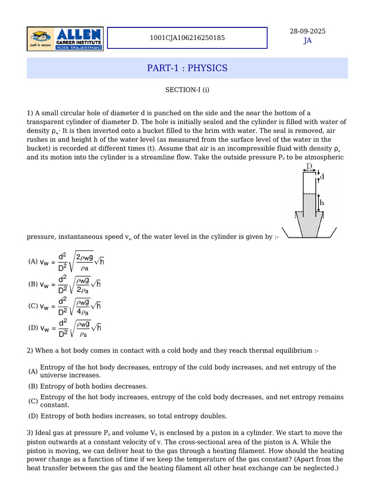 Physics and Chemistry Exam Questions | PDF | Gases | Entropy