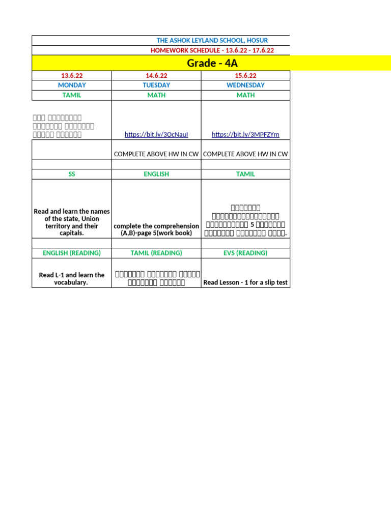 Grade - 4A: HOMEWORK SCHEDULE - 13.6.22 - 17.6.22 13.6.22 14.6.22 15.6. ...
