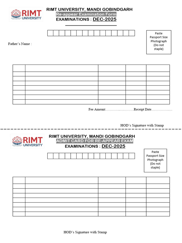 Re-Appear Exam Form Dec-2025 | PDF