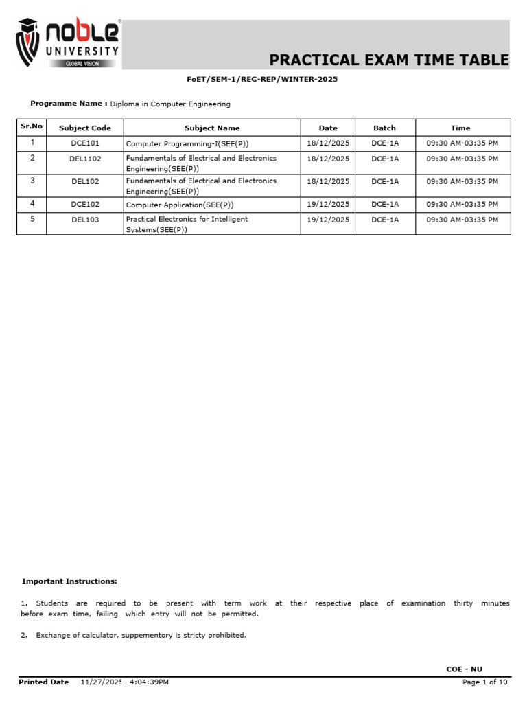 Winter 2025 Practical Exam Schedule | PDF | Engineering | Calculator