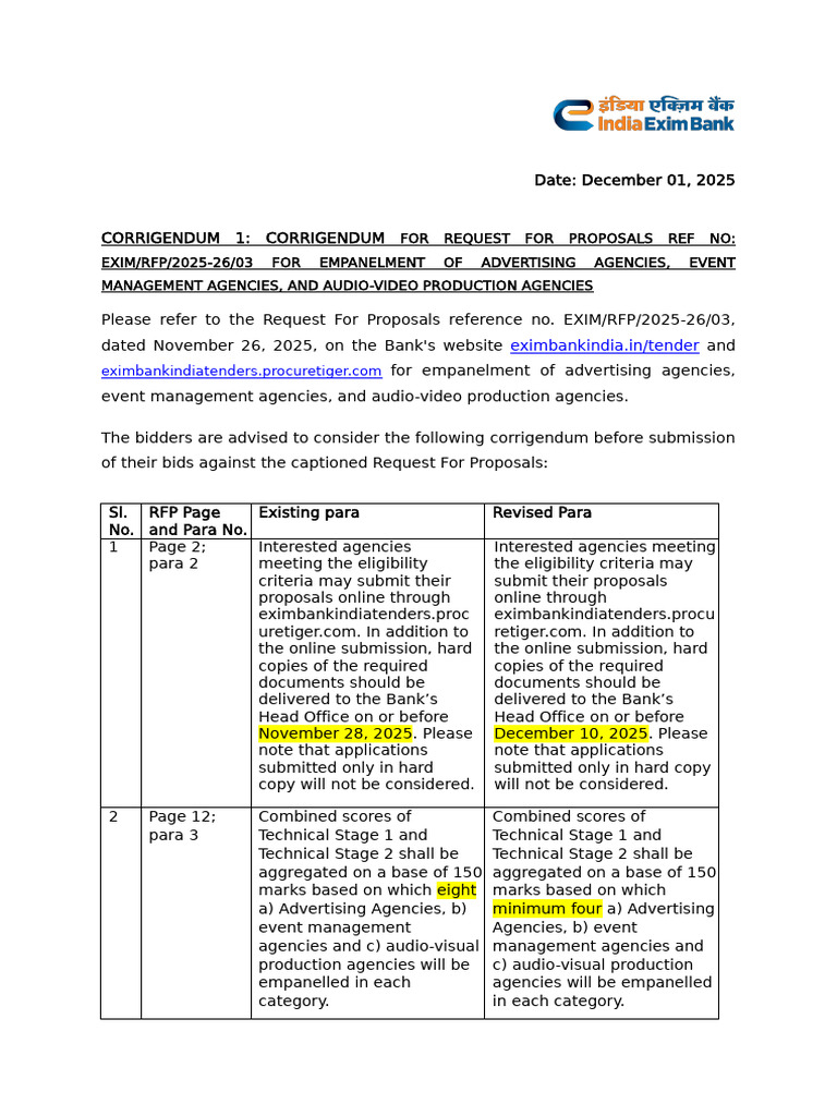 Corrigendum for RFP EXIM/RFP/2025-26/03 | PDF | Request For Proposal