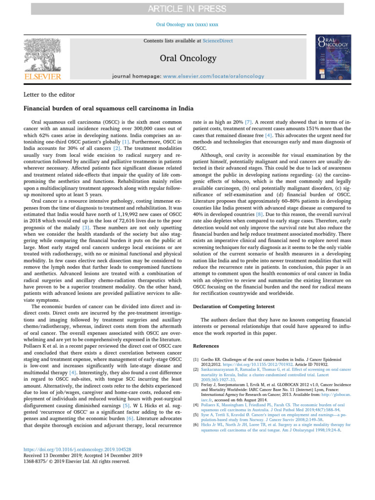 Financial Burden of Oscc in India | PDF | Cancer | Oncology