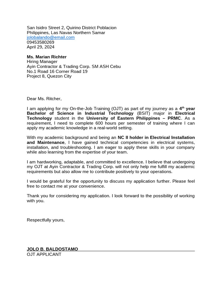 OJT Application for Electrical Technology | PDF