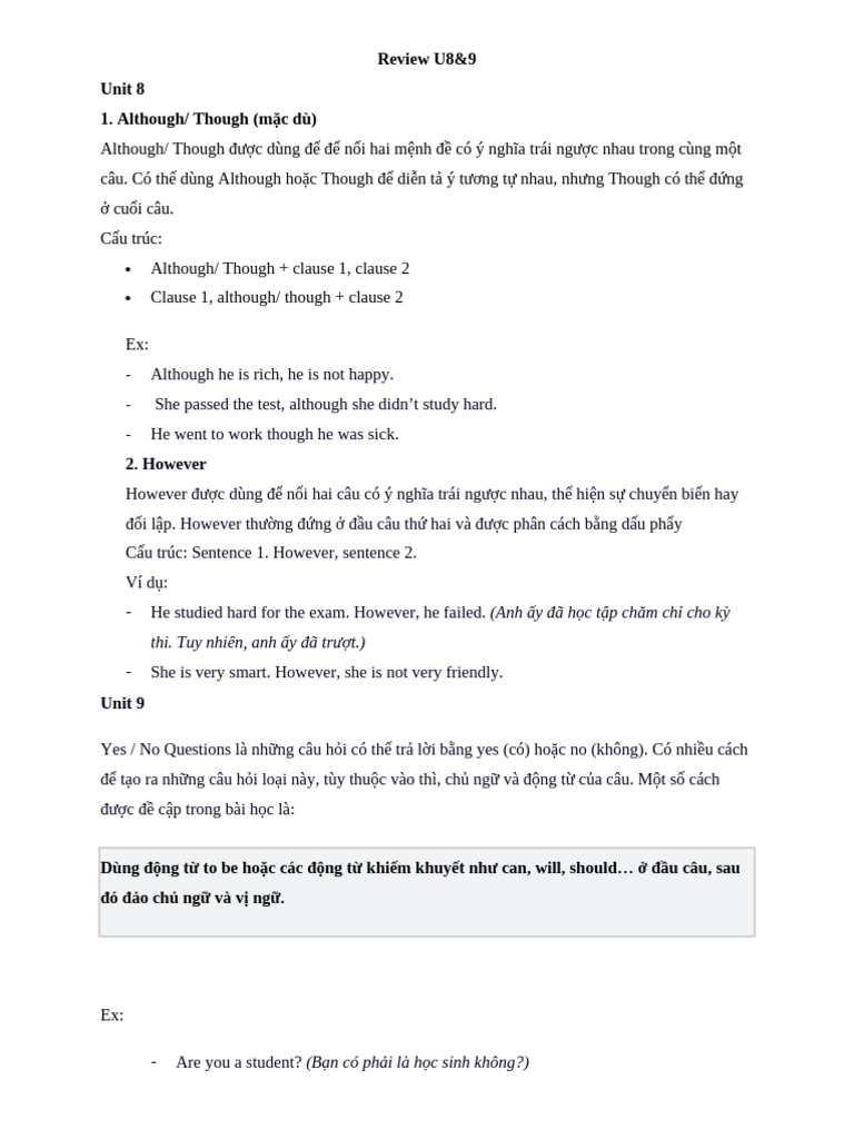 English Grammar: Although, However, Questions | PDF