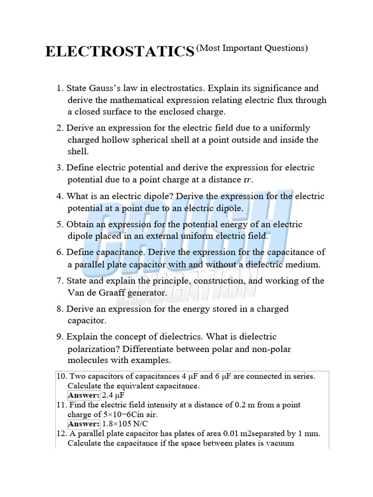 Key Questions on Electrostatics Concepts | PDF